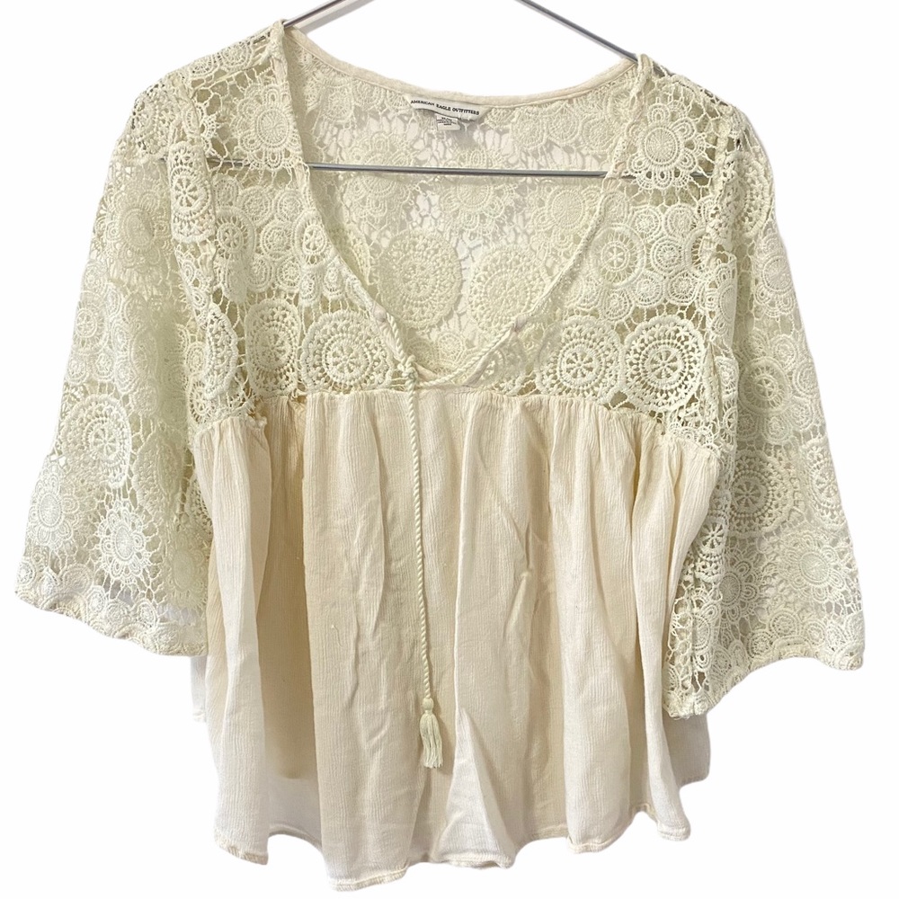American Eagle AEO Ivory Lace Crochet Boho Top